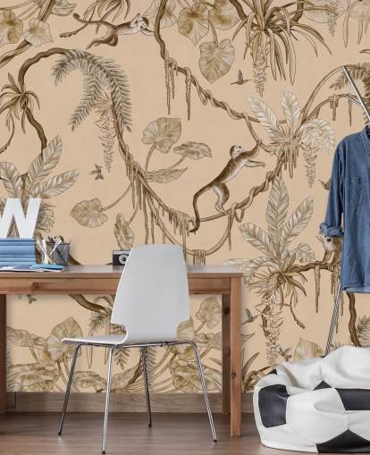 Beiges personalisierbares Wandbild für Kinderzimmer namens Playful Monkeys - Vintage Beige von Kikki Belle