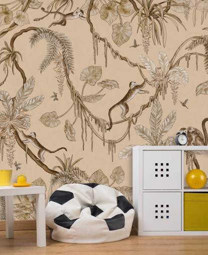beige aanpasbare muurschildering voor de kinderkamer genaamd Playful Monkeys - Vintage Beige van Kikki Belle beige aanpasbare muurschildering voor de kinderkamer genaamd Playful Monkeys - Vintage Beige van Kikki Belle
