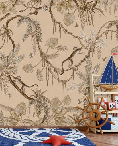 beige aanpasbare muurschildering voor de kinderkamer genaamd Playful Monkeys - Vintage Beige van Kikki Belle beige aanpasbare muurschildering voor de kinderkamer genaamd Playful Monkeys - Vintage Beige van Kikki Belle