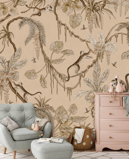 mural de parede de berçário personalizável em bege chamado Playful Monkeys - Vintage Beige de Kikki Belle mural de parede de berçário personalizável em bege chamado Playful Monkeys - Vintage Beige de Kikki Belle