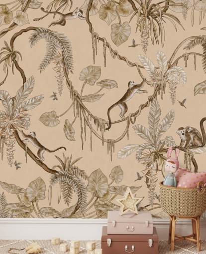 mural de pared de habitación infantil personalizable de color beige llamado Playful Monkeys - Vintage Beige de Kikki Belle