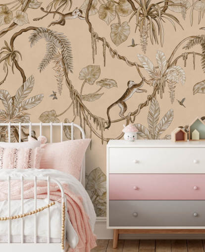 beige tilpassbart barnehage veggmaleri kalt Playful Monkeys - Vintage Beige av Kikki Belle