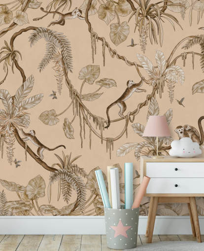 Beiges personalisierbares Wandbild für Kinderzimmer namens Playful Monkeys - Vintage Beige von Kikki Belle