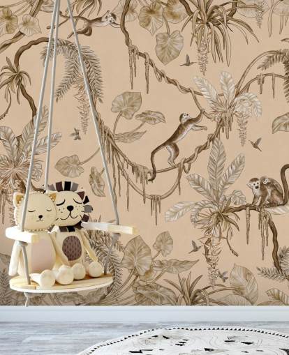murale beige personalizzabile per la cameretta dei bambini chiamato Playful Monkeys - Vintage Beige by Kikki Belle