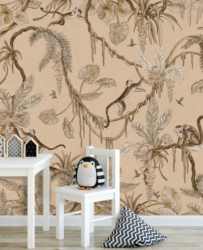 beige customisable nursery wall mural called Playful Monkeys - Vintage Beige by Kikki Belle