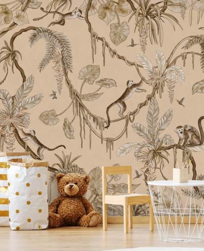mural de parede de berçário personalizável em bege chamado Playful Monkeys - Vintage Beige de Kikki Belle