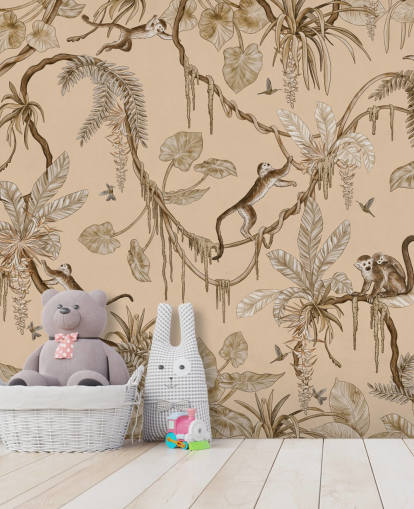 Beiges personalisierbares Wandbild für Kinderzimmer namens Playful Monkeys - Vintage Beige von Kikki Belle