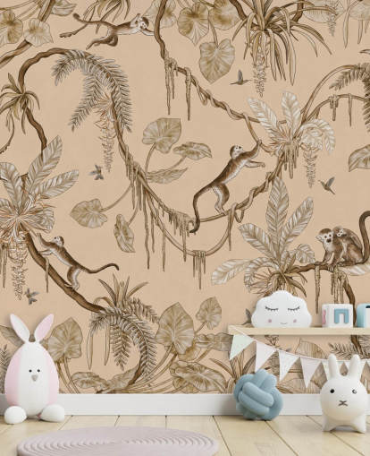 beige customisable nursery wall mural called Playful Monkeys - Vintage Beige by Kikki Belle