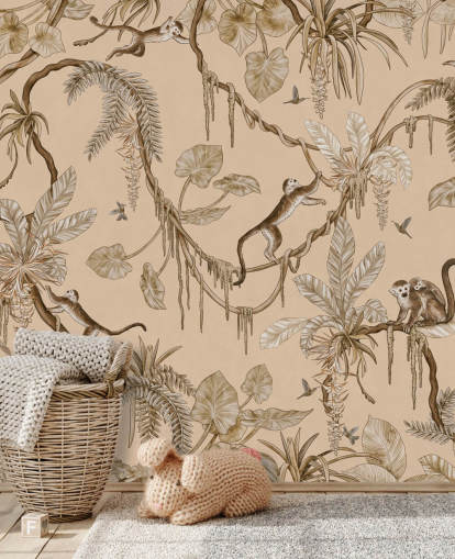 beige aanpasbare muurschildering voor de kinderkamer genaamd Playful Monkeys - Vintage Beige van Kikki Belle beige aanpasbare muurschildering voor de kinderkamer genaamd Playful Monkeys - Vintage Beige van Kikki Belle