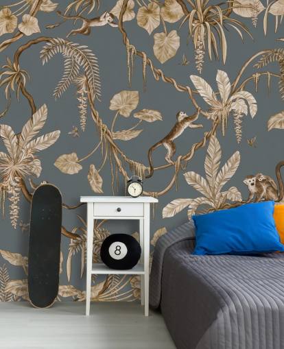 blue customisable childrens wall mural called Playful Monkeys - Vintage Blue by Kikki Belle for nurseries