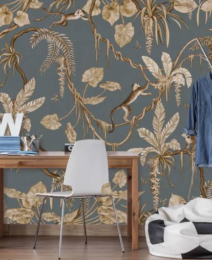 mural de parede infantil personalizável azul chamado Playful Monkeys - Vintage Blue de Kikki Belle para creches