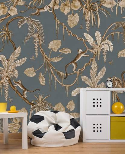 sininen räätälöitävä lasten seinämaalaus nimeltä Playful Monkeys - Vintage Blue by Kikki Belle lastentarhoille