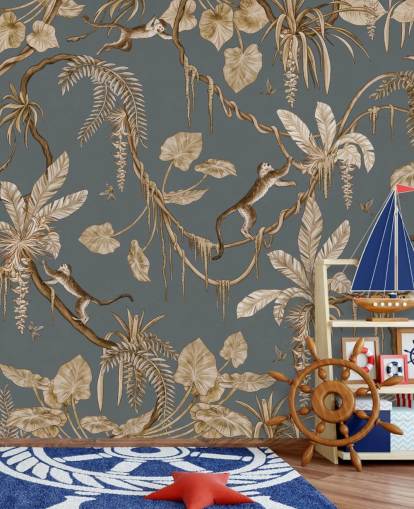 blauwe aanpasbare muurschildering voor kinderen genaamd Playful Monkeys - Vintage Blue van Kikki Belle voor kinderdagverblijven blauwe aanpasbare muurschildering voor kinderen genaamd Playful Monkeys - Vintage Blue van Kikki Belle voor kinderdagverblijven