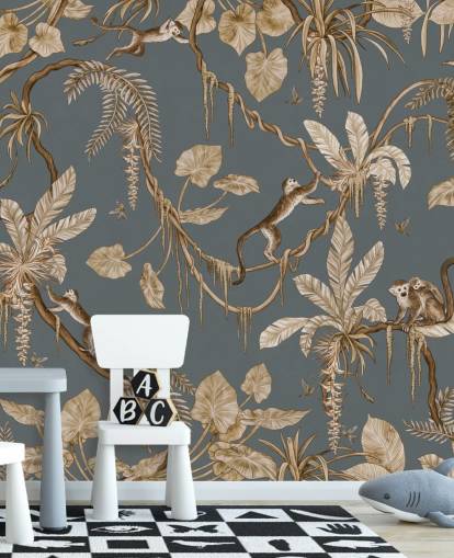 blue customisable childrens wall mural called Playful Monkeys - Vintage Blue by Kikki Belle for nurseries