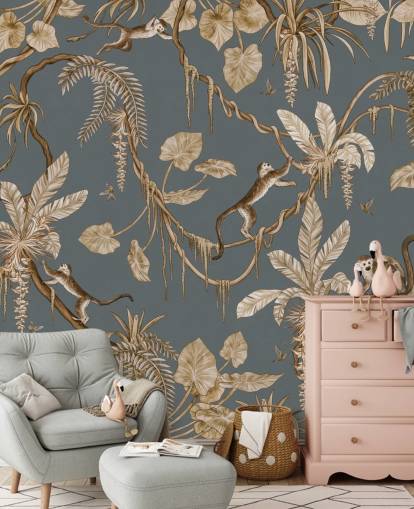 blue customisable childrens wall mural called Playful Monkeys - Vintage Blue by Kikki Belle for nurseries
