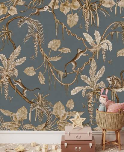 fresque murale bleue personnalisable pour enfants appelée Playful Monkeys - Vintage Blue de Kikki Belle pour les crèches