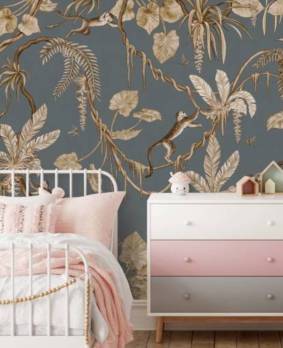 murale blu personalizzabile per bambini chiamato Playful Monkeys - Vintage Blue di Kikki Belle per asili nido