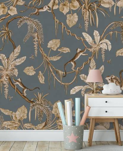 blå anpassningsbar barnväggmålning som heter Playful Monkeys - Vintage Blue av Kikki Belle för plantskolor