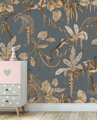 murale blu personalizzabile per bambini chiamato Playful Monkeys - Vintage Blue di Kikki Belle per asili nido