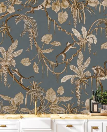 blue customizable childrens wall mural called Playful Monkeys - Vintage Blue by Kikki Belle for nurseries