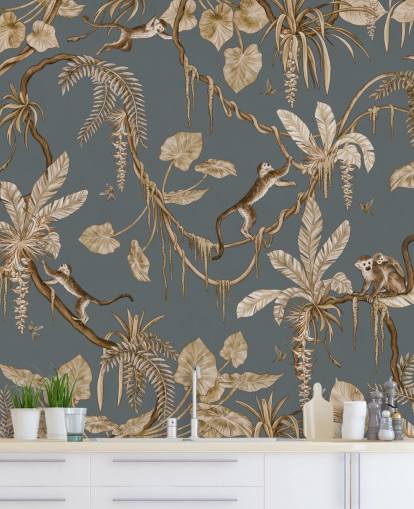 blue customizable childrens wall mural called Playful Monkeys - Vintage Blue by Kikki Belle for nurseries