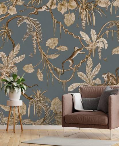 blue customizable childrens wall mural called Playful Monkeys - Vintage Blue by Kikki Belle for nurseries blue customizable childrens wall mural called Playful Monkeys - Vintage Blue by Kikki Belle for nurseries