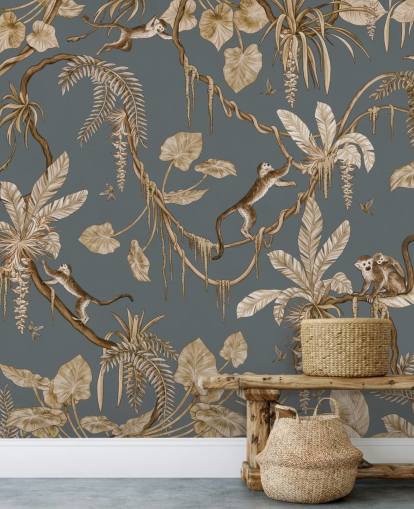 blue customizable childrens wall mural called Playful Monkeys - Vintage Blue by Kikki Belle for nurseries