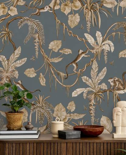 blue customizable childrens wall mural called Playful Monkeys - Vintage Blue by Kikki Belle for nurseries blue customizable childrens wall mural called Playful Monkeys - Vintage Blue by Kikki Belle for nurseries