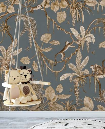 murale blu personalizzabile per bambini chiamato Playful Monkeys - Vintage Blue di Kikki Belle per asili nido