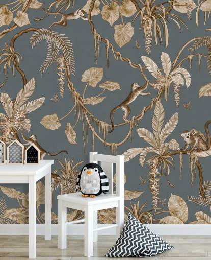 blue customisable childrens wall mural called Playful Monkeys - Vintage Blue by Kikki Belle for nurseries
