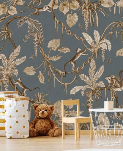 sininen räätälöitävä lasten seinämaalaus nimeltä Playful Monkeys - Vintage Blue by Kikki Belle lastentarhoille