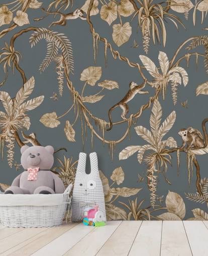 fresque murale bleue personnalisable pour enfants appelée Playful Monkeys - Vintage Blue de Kikki Belle pour les crèches