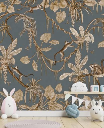 blå tilpassbar veggmaleri for barn kalt Playful Monkeys - Vintage Blue av Kikki Belle for barnehager