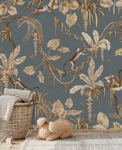 blå tilpasselig børnevægmaleri kaldet Playful Monkeys - Vintage Blue af Kikki Belle til børnehaver blå tilpasselig børnevægmaleri kaldet Playful Monkeys - Vintage Blue af Kikki Belle til børnehaver