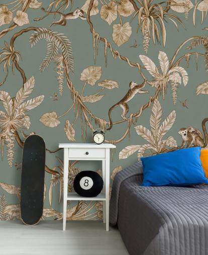 green custom jungle wall mural called Playful Monkeys - Vintage Green by Kikki Belle for playrooms