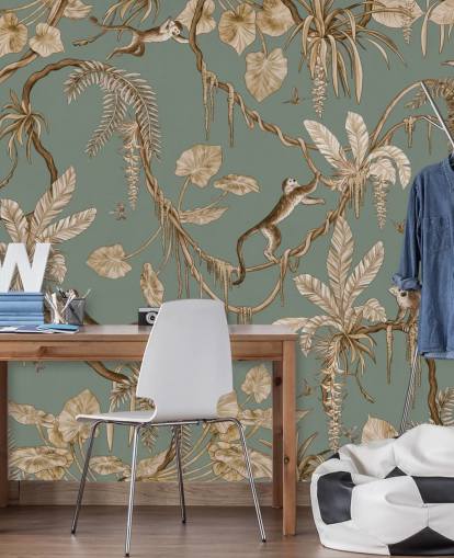 green custom jungle wall mural called Playful Monkeys - Vintage Green by Kikki Belle for playrooms