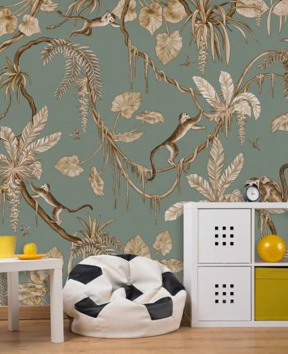grön anpassad djungel väggmålning som heter Playful Monkeys - Vintage Green av Kikki Belle för lekrum
