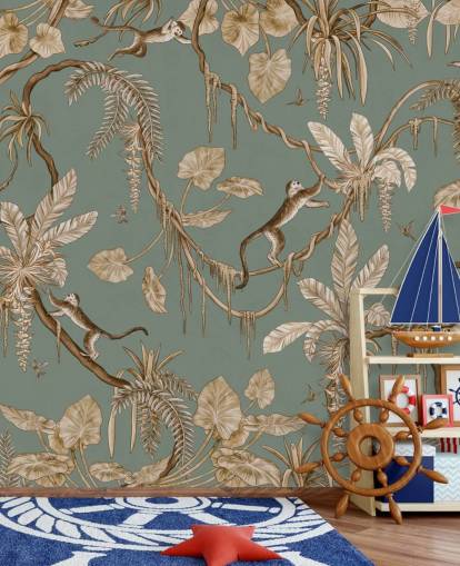 grønt tilpasset jungel veggmaleri kalt Playful Monkeys - Vintage Green av Kikki Belle for lekerom