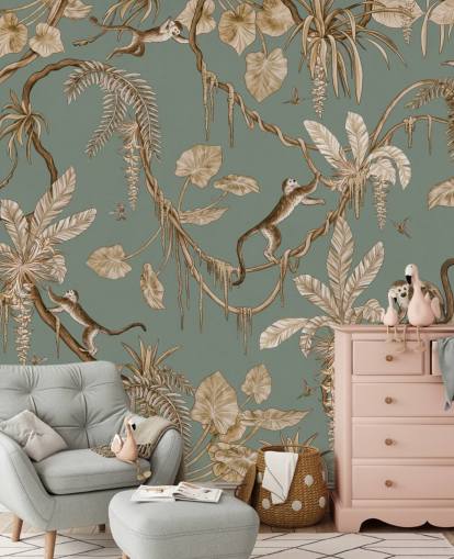 green custom jungle wall mural called Playful Monkeys - Vintage Green by Kikki Belle for playrooms