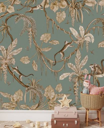 green custom jungle wall mural called Playful Monkeys - Vintage Green by Kikki Belle for playrooms green custom jungle wall mural called Playful Monkeys - Vintage Green by Kikki Belle for playrooms