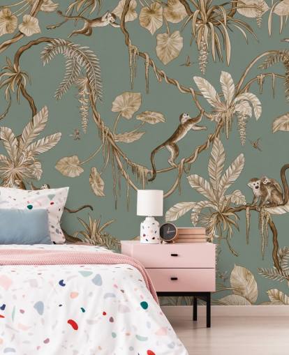 green custom jungle wall mural called Playful Monkeys - Vintage Green by Kikki Belle for playrooms green custom jungle wall mural called Playful Monkeys - Vintage Green by Kikki Belle for playrooms
