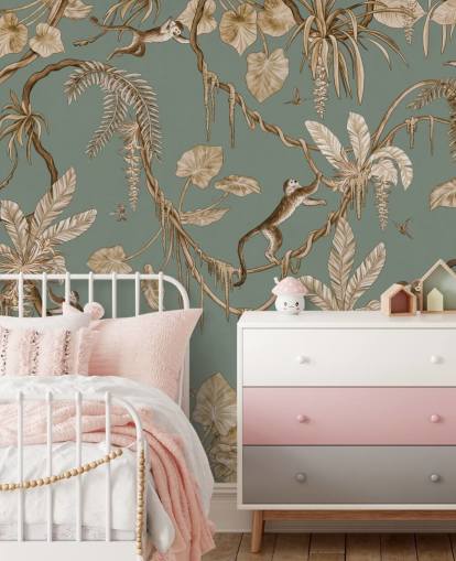 Grünes individuelles Dschungel-Wandbild namens Playful Monkeys - Vintage Green von Kikki Belle für Spielzimmer