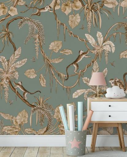 green custom jungle wall mural called Playful Monkeys - Vintage Green by Kikki Belle for playrooms