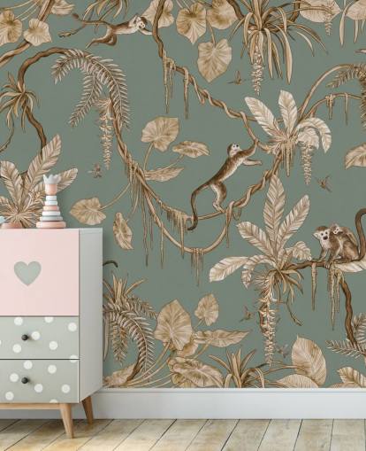 mural de parede verde personalizado na selva chamado Playful Monkeys - Vintage Green de Kikki Belle para salas de jogos
