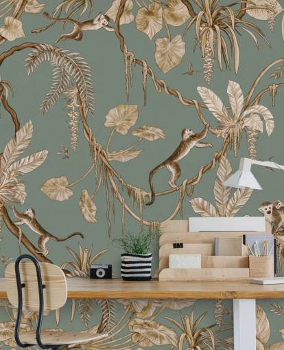 green custom jungle wall mural called Playful Monkeys - Vintage Green by Kikki Belle for playrooms green custom jungle wall mural called Playful Monkeys - Vintage Green by Kikki Belle for playrooms