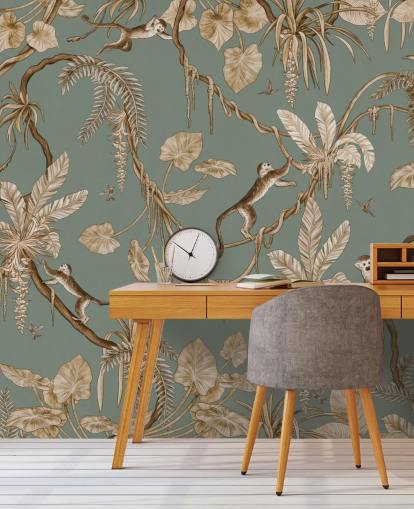 green custom jungle wall mural called Playful Monkeys - Vintage Green by Kikki Belle for playrooms