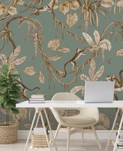 green custom jungle wall mural called Playful Monkeys - Vintage Green by Kikki Belle for playrooms green custom jungle wall mural called Playful Monkeys - Vintage Green by Kikki Belle for playrooms