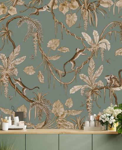 green custom jungle wall mural called Playful Monkeys - Vintage Green by Kikki Belle for playrooms