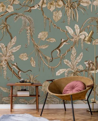 green custom jungle wall mural called Playful Monkeys - Vintage Green by Kikki Belle for playrooms