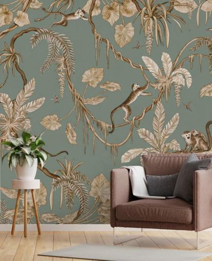 mural de pared verde personalizado en la jungla llamado Playful Monkeys - Vintage Green de Kikki Belle para salas de juegos
